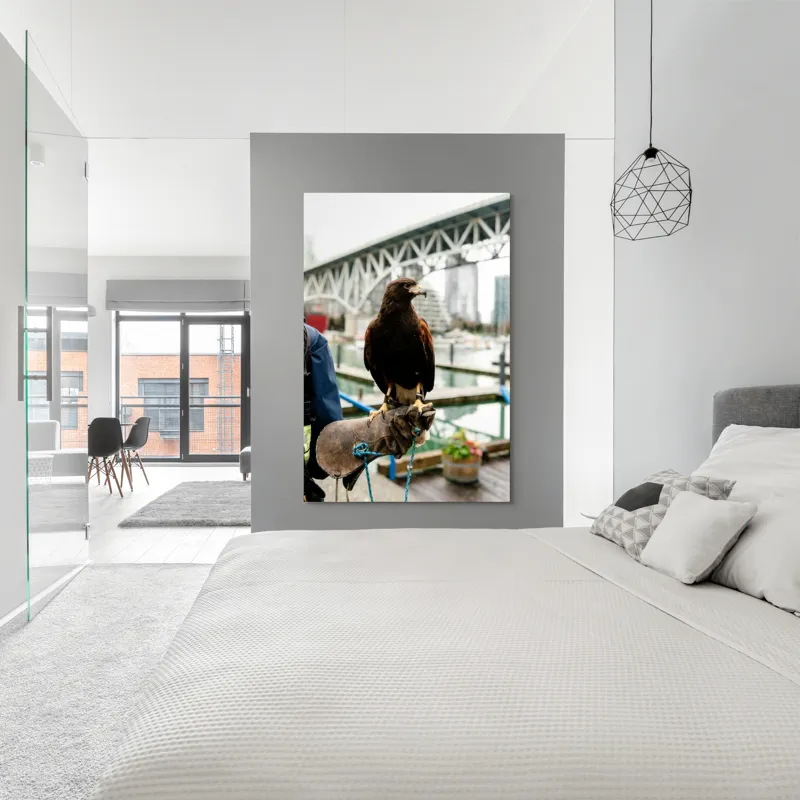 Tablou Canvas, "Șoimul în așteptarea vânătorii urbane", Conținut, Majestic, Vultur, Pod, Râu, Urban, Natură, Contrast, Libertate, Eleganță, 100 x 150 cm – poza 5