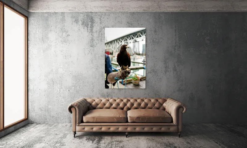 Tablou Canvas, "Șoimul în așteptarea vânătorii urbane", Conținut, Majestic, Vultur, Pod, Râu, Urban, Natură, Contrast, Libertate, Eleganță, 100 x 150 cm – poza 6