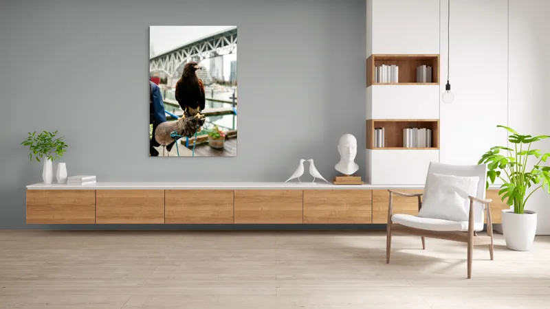 Tablou Canvas, "Șoimul în așteptarea vânătorii urbane", Conținut, Majestic, Vultur, Pod, Râu, Urban, Natură, Contrast, Libertate, Eleganță, 100 x 150 cm – poza 8