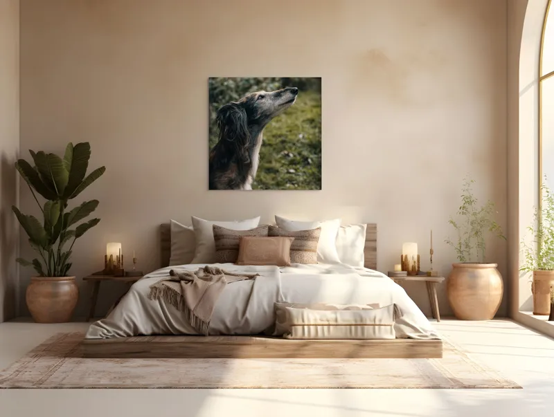 Tablou Canvas, "Câine visând la cer înalt", Blană, Privire, Natură, Curiozitate, Serenitate, Verdeață, Liniște, 100 x 100 cm – poza 4