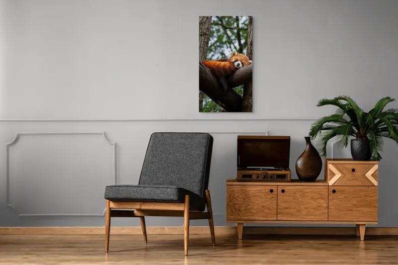 Tablou Canvas, "Panda roșu odihnindu-se pe trunchi", Roșcat, Adormit, Blănos, Relaxat, Arbori, Natură, Liniște, Drăgălaș, Ploaie, Pisicos, 50 x 90 cm – poza 8