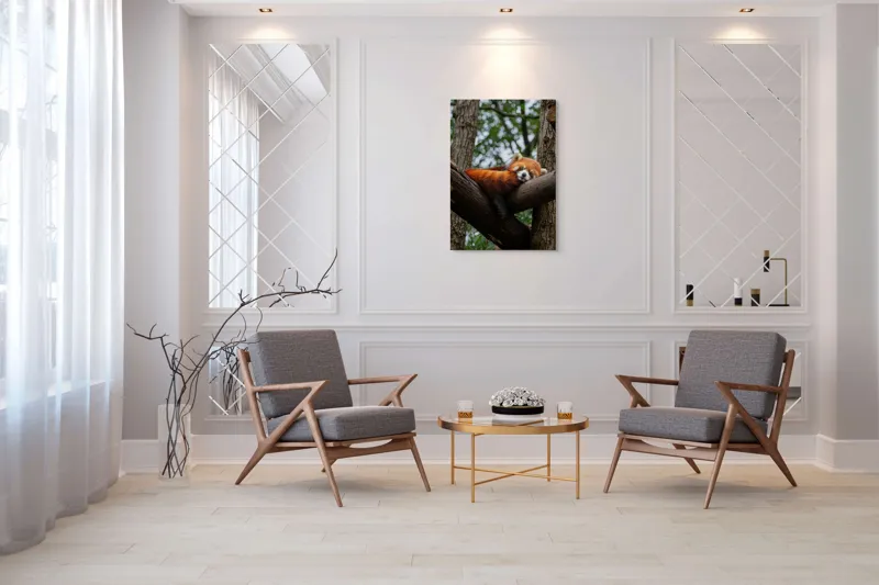 Tablou Canvas, "Panda roșu odihnindu-se pe trunchi", Roșcat, Adormit, Blănos, Relaxat, Arbori, Natură, Liniște, Drăgălaș, Ploaie, Pisicos, 70 x 100 cm – poza 8