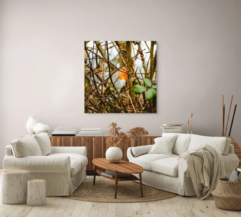 Tablou Canvas, "Măiestria culorilor într-o privire", Pasăre, Roşcată, Ramuri, Frunze, Natură, Camuflare, Grădină, Observare, Calm, Fragilitate, 100 x 100 cm – poza 3