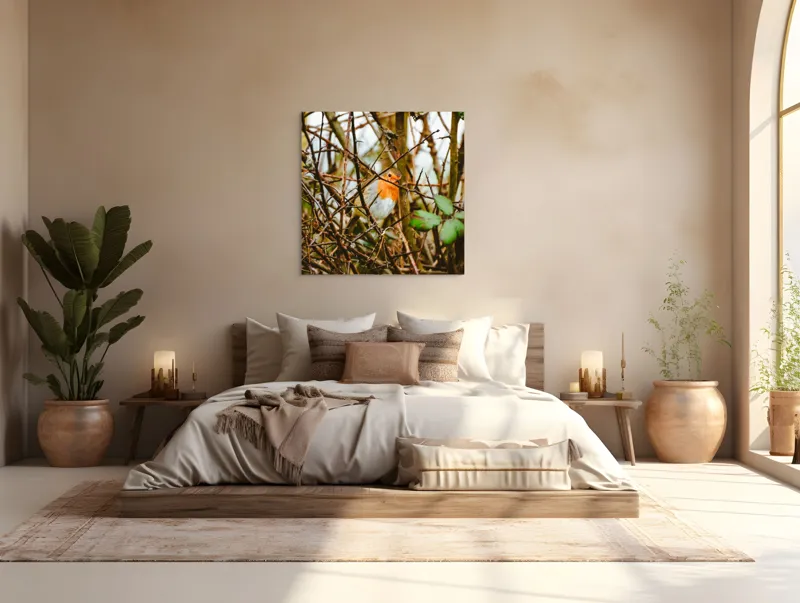 Tablou Canvas, "Măiestria culorilor într-o privire", Pasăre, Roşcată, Ramuri, Frunze, Natură, Camuflare, Grădină, Observare, Calm, Fragilitate, 100 x 100 cm – poza 4
