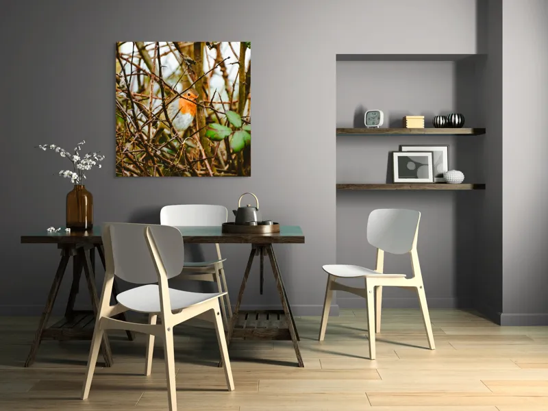 Tablou Canvas, "Măiestria culorilor într-o privire", Pasăre, Roşcată, Ramuri, Frunze, Natură, Camuflare, Grădină, Observare, Calm, Fragilitate, 100 x 100 cm – poza 6