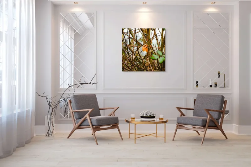 Tablou Canvas, "Măiestria culorilor într-o privire", Pasăre, Roşcată, Ramuri, Frunze, Natură, Camuflare, Grădină, Observare, Calm, Fragilitate, 100 x 100 cm – poza 7