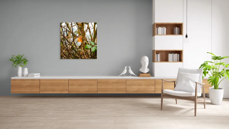 Tablou Canvas, "Măiestria culorilor într-o privire", Pasăre, Roşcată, Ramuri, Frunze, Natură, Camuflare, Grădină, Observare, Calm, Fragilitate, 100 x 100 cm – poza 8