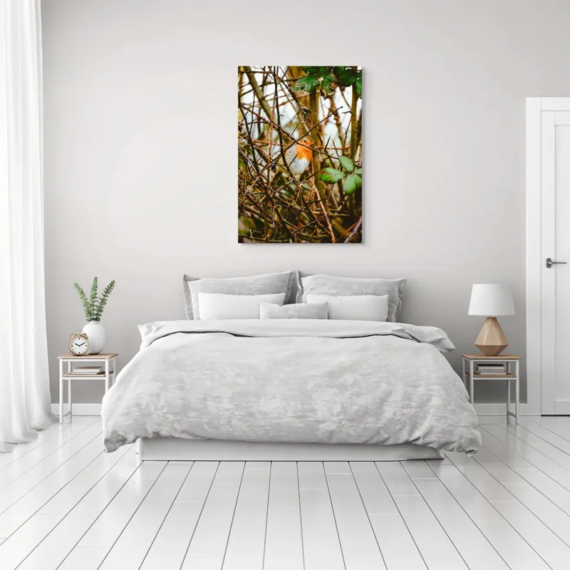 Tablou Canvas, "Măiestria culorilor într-o privire", Pasăre, Roşcată, Ramuri, Frunze, Natură, Camuflare, Grădină, Observare, Calm, Fragilitate, 70 x 100 cm – poza 3