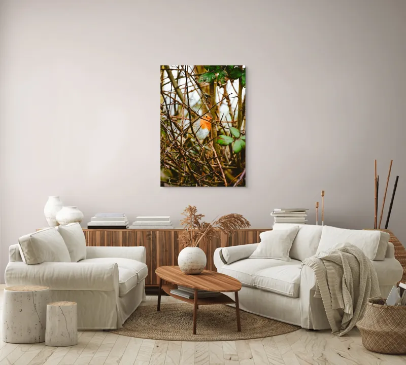 Tablou Canvas, "Măiestria culorilor într-o privire", Pasăre, Roşcată, Ramuri, Frunze, Natură, Camuflare, Grădină, Observare, Calm, Fragilitate, 70 x 100 cm – poza 4