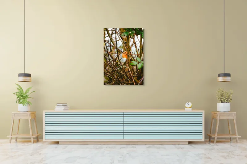 Tablou Canvas, "Măiestria culorilor într-o privire", Pasăre, Roşcată, Ramuri, Frunze, Natură, Camuflare, Grădină, Observare, Calm, Fragilitate, 70 x 100 cm – poza 5