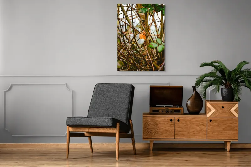 Tablou Canvas, "Măiestria culorilor într-o privire", Pasăre, Roşcată, Ramuri, Frunze, Natură, Camuflare, Grădină, Observare, Calm, Fragilitate, 70 x 100 cm – poza 6