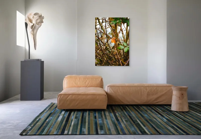 Tablou Canvas, "Măiestria culorilor într-o privire", Pasăre, Roşcată, Ramuri, Frunze, Natură, Camuflare, Grădină, Observare, Calm, Fragilitate, 70 x 100 cm – poza 7