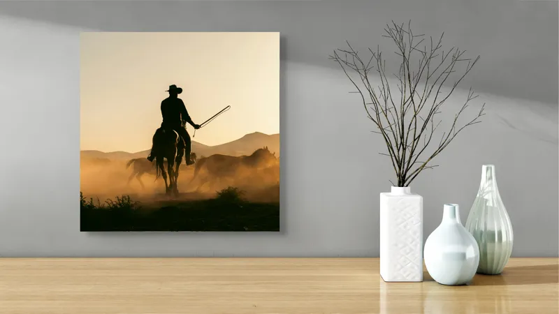 Tablou Canvas, "Cowboy în lumina apusului deșertic", Calaret, Silueta, Apus, Praf, Cal, Peisaj, Western, Cer, Umbra, Aventura, 50 x 50 cm – poza 3