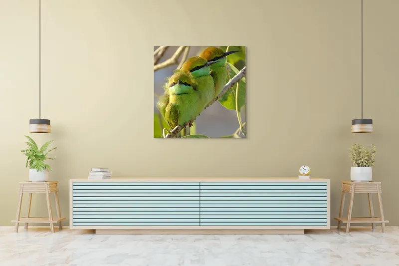 Tablou Canvas, "Culorile verzi ale naturii vii", Trio, Verde, Pene, Creangă, Priviri, Frunze, Pasăre, Natură, Armonie, Delicatețe, 100 x 100 cm – poza 5