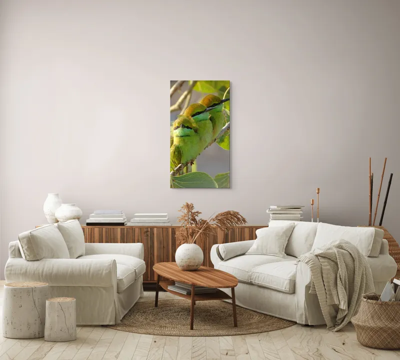 Tablou Canvas, "Culorile verzi ale naturii vii", Trio, Verde, Pene, Creangă, Priviri, Frunze, Pasăre, Natură, Armonie, Delicatețe, 50 x 90 cm – poza 7