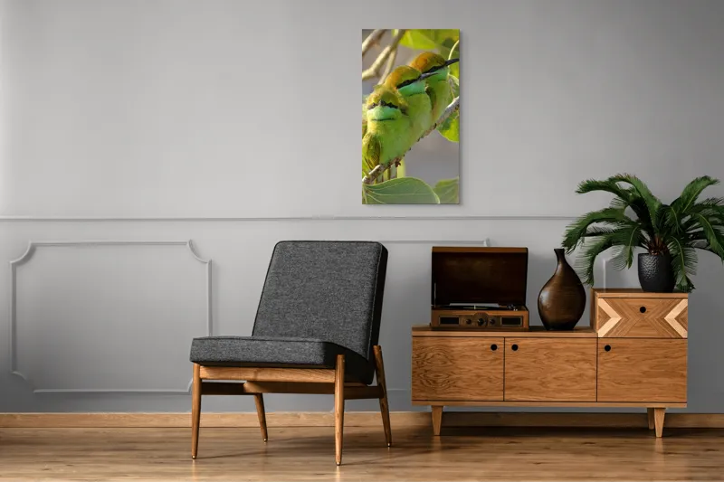 Tablou Canvas, "Culorile verzi ale naturii vii", Trio, Verde, Pene, Creangă, Priviri, Frunze, Pasăre, Natură, Armonie, Delicatețe, 50 x 90 cm – poza 8