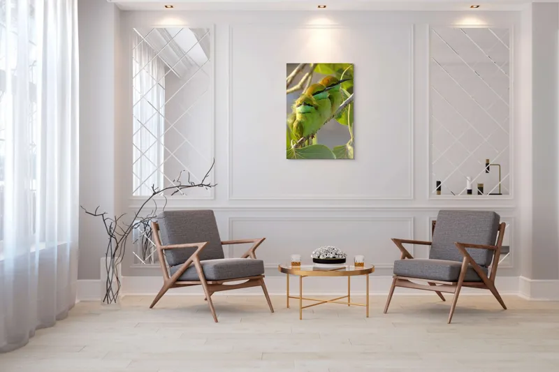 Tablou Canvas, "Culorile verzi ale naturii vii", Trio, Verde, Pene, Creangă, Priviri, Frunze, Pasăre, Natură, Armonie, Delicatețe, 70 x 100 cm – poza 8