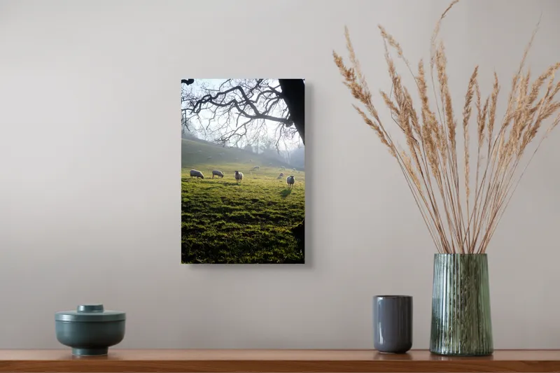 Tablou Canvas, "Oile pasc în lumina dimineții", Copaci, Oi, Pajiște, Răsărit, Siluetă, Natural, Deal, Peisaj, Liniște, Verdeață, 26 x 39 cm – poza 5
