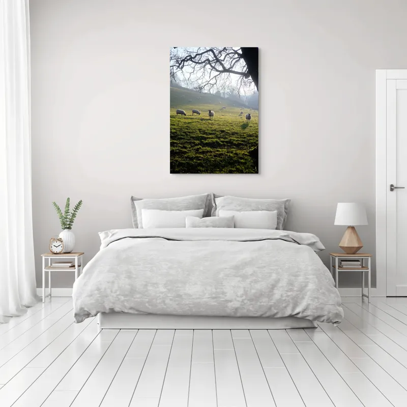 Tablou Canvas, "Oile pasc în lumina dimineții", Copaci, Oi, Pajiște, Răsărit, Siluetă, Natural, Deal, Peisaj, Liniște, Verdeață, 70 x 100 cm – poza 3