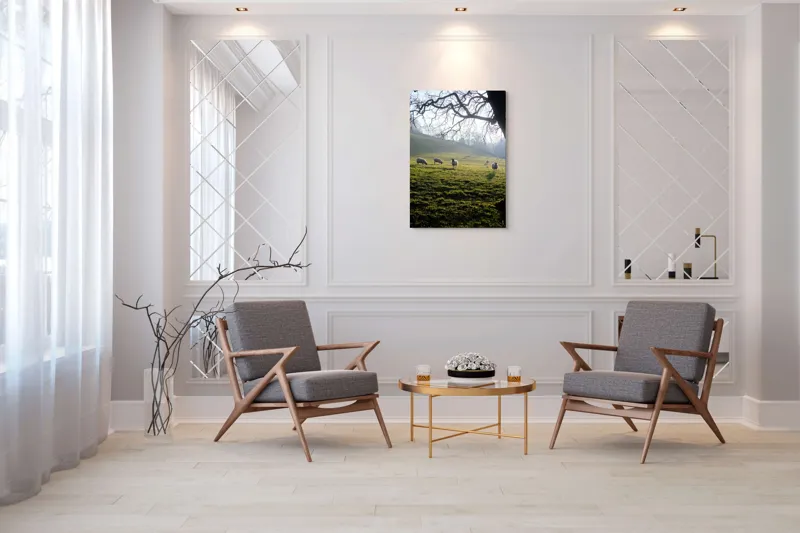 Tablou Canvas, "Oile pasc în lumina dimineții", Copaci, Oi, Pajiște, Răsărit, Siluetă, Natural, Deal, Peisaj, Liniște, Verdeață, 70 x 100 cm – poza 8