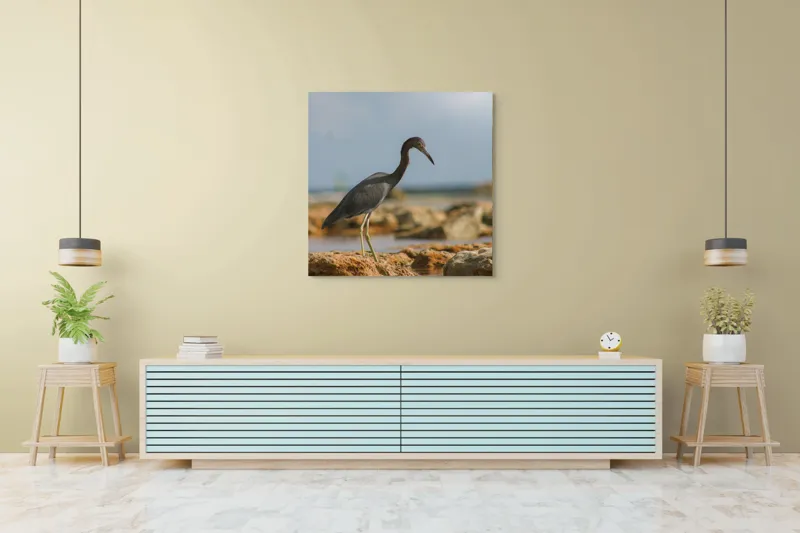 Tablou Canvas, "Egretă solitară pe țărmul pustiu", Solitudine, Serenitate, Pescăruș, Stâncă, Calm, Apă, Cer, Peisaj, 100 x 100 cm – poza 5