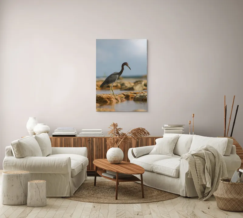 Tablou Canvas, "Egretă solitară pe țărmul pustiu", Solitudine, Serenitate, Pescăruș, Stâncă, Calm, Apă, Cer, Peisaj, 70 x 100 cm – poza 4