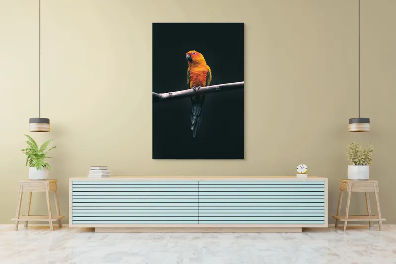 Tablou Canvas, "Papagalul în culori de apus", Pene, Culoare, Lumină, Ramură, Contrast, Natură, Frumusețe, Portocaliu, Verde, Exotism, 100 x 150 cm – poza 4