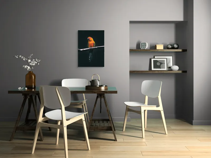 Tablou Canvas, "Papagalul în culori de apus", Pene, Culoare, Lumină, Ramură, Contrast, Natură, Frumusețe, Portocaliu, Verde, Exotism, 50 x 70 cm – poza 5