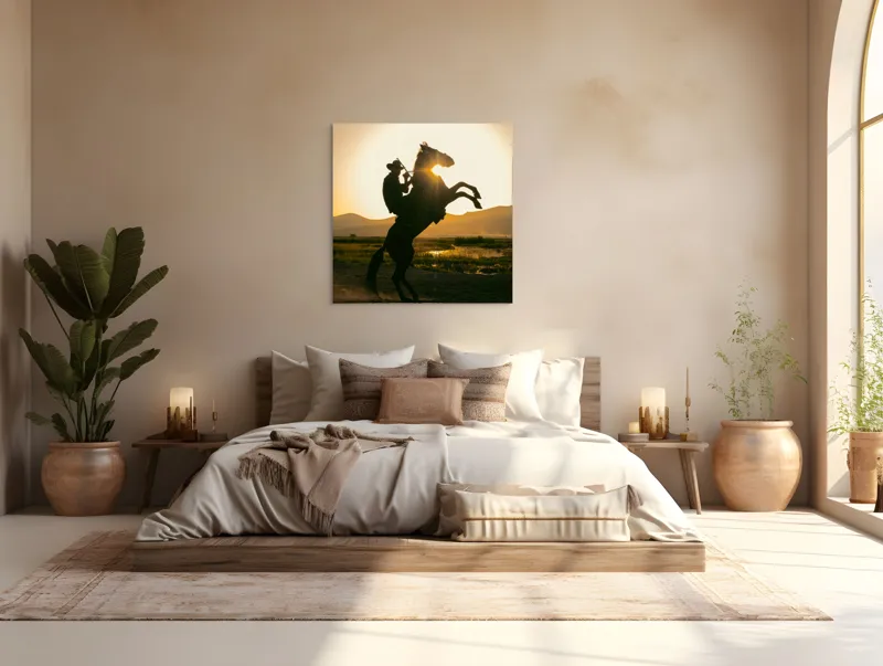 Tablou Canvas, "Călărețul și soarele în amurg", Umbră, Călăreț, Cal, Apus, Siluetă, Munți, Natură, Peisaj, Energie, Aventură, 100 x 100 cm – poza 4