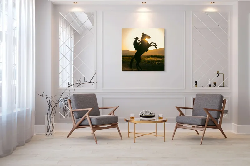 Tablou Canvas, "Călărețul și soarele în amurg", Umbră, Călăreț, Cal, Apus, Siluetă, Munți, Natură, Peisaj, Energie, Aventură, 100 x 100 cm – poza 7