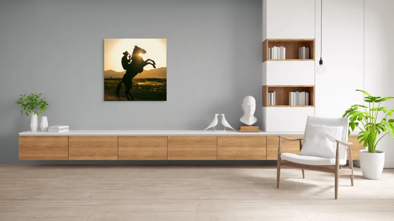 Tablou Canvas, "Călărețul și soarele în amurg", Umbră, Călăreț, Cal, Apus, Siluetă, Munți, Natură, Peisaj, Energie, Aventură, 100 x 100 cm – poza 8