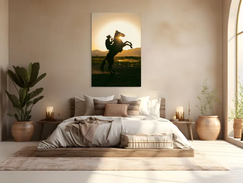 Tablou Canvas, "Călărețul și soarele în amurg", Umbră, Călăreț, Cal, Apus, Siluetă, Munți, Natură, Peisaj, Energie, Aventură, 100 x 150 cm – poza 3