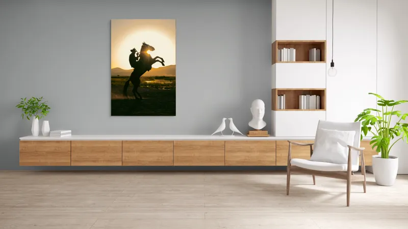 Tablou Canvas, "Călărețul și soarele în amurg", Umbră, Călăreț, Cal, Apus, Siluetă, Munți, Natură, Peisaj, Energie, Aventură, 100 x 150 cm – poza 8