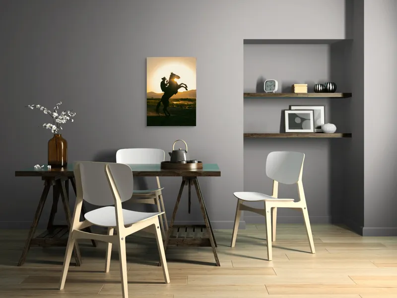 Tablou Canvas, "Călărețul și soarele în amurg", Umbră, Călăreț, Cal, Apus, Siluetă, Munți, Natură, Peisaj, Energie, Aventură, 50 x 70 cm – poza 5