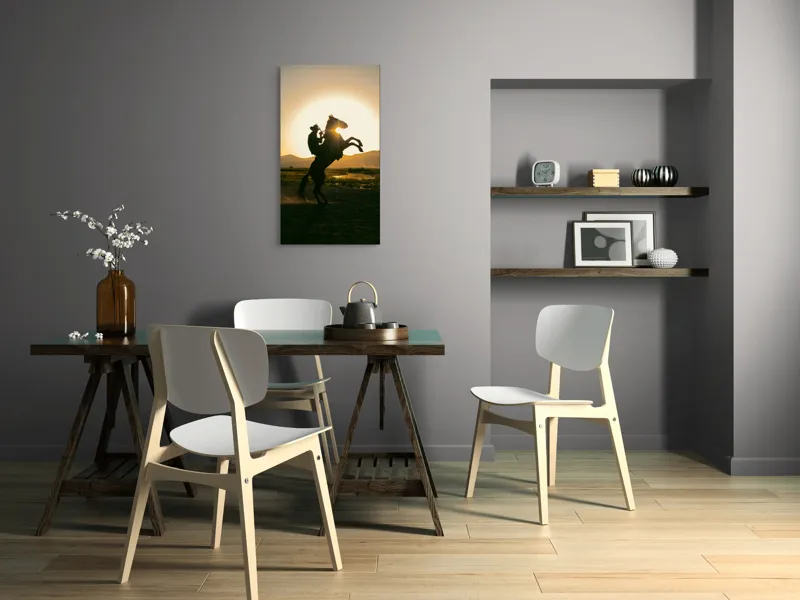 Tablou Canvas, "Călărețul și soarele în amurg", Umbră, Călăreț, Cal, Apus, Siluetă, Munți, Natură, Peisaj, Energie, Aventură, 50 x 90 cm – poza 4