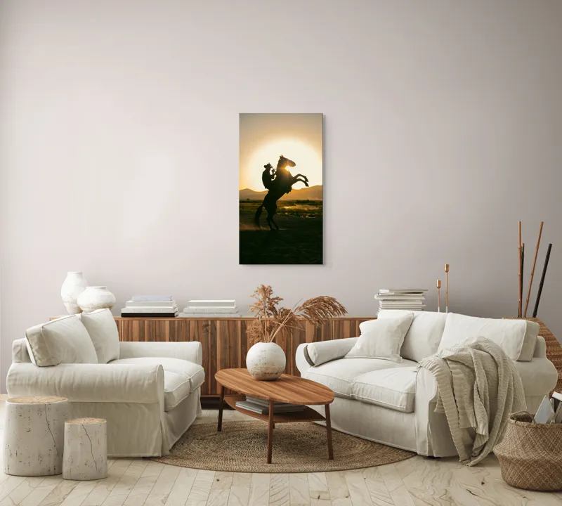 Tablou Canvas, "Călărețul și soarele în amurg", Umbră, Călăreț, Cal, Apus, Siluetă, Munți, Natură, Peisaj, Energie, Aventură, 50 x 90 cm – poza 7