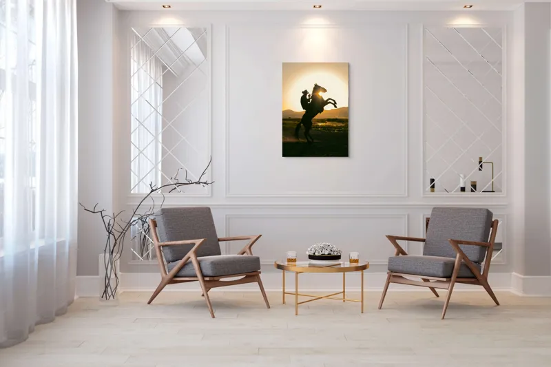 Tablou Canvas, "Călărețul și soarele în amurg", Umbră, Călăreț, Cal, Apus, Siluetă, Munți, Natură, Peisaj, Energie, Aventură, 70 x 100 cm – poza 8