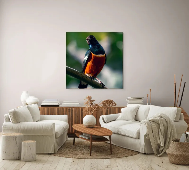 Tablou Canvas, "Pasăre exotică în lumina dimineții", Pasăre, Ramură, Pene, Portocaliu, Verde, Ochi, Natură, Fundal Blur, Poziție, Contrast, 100 x 100 cm – poza 3