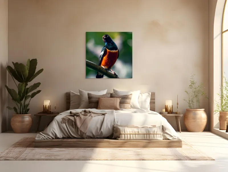 Tablou Canvas, "Pasăre exotică în lumina dimineții", Pasăre, Ramură, Pene, Portocaliu, Verde, Ochi, Natură, Fundal Blur, Poziție, Contrast, 100 x 100 cm – poza 4