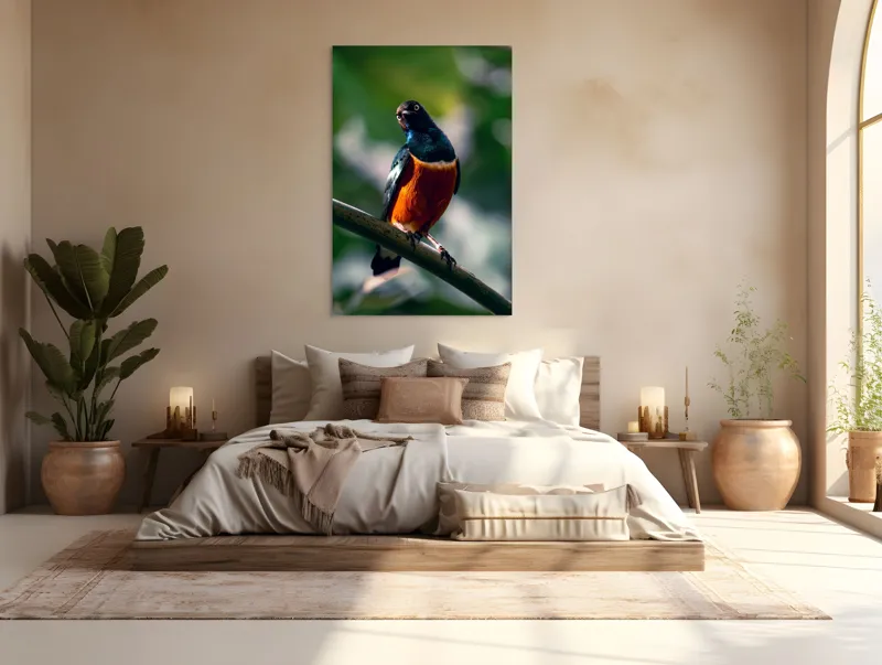 Tablou Canvas, "Pasăre exotică în lumina dimineții", Pasăre, Ramură, Pene, Portocaliu, Verde, Ochi, Natură, Fundal Blur, Poziție, Contrast, 100 x 150 cm – poza 3