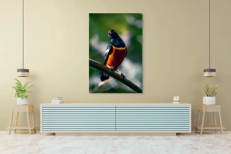 Tablou Canvas, "Pasăre exotică în lumina dimineții", Pasăre, Ramură, Pene, Portocaliu, Verde, Ochi, Natură, Fundal Blur, Poziție, Contrast, 100 x 150 cm – poza 4