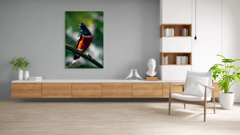 Tablou Canvas, "Pasăre exotică în lumina dimineții", Pasăre, Ramură, Pene, Portocaliu, Verde, Ochi, Natură, Fundal Blur, Poziție, Contrast, 100 x 150 cm – poza 8