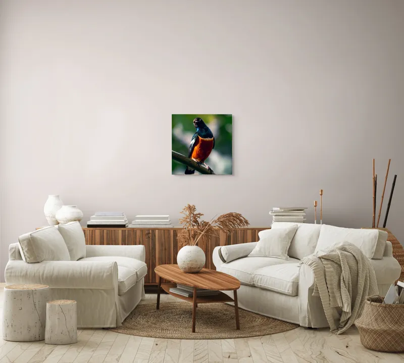 Tablou Canvas, "Pasăre exotică în lumina dimineții", Pasăre, Ramură, Pene, Portocaliu, Verde, Ochi, Natură, Fundal Blur, Poziție, Contrast, 50 x 50 cm – poza 7