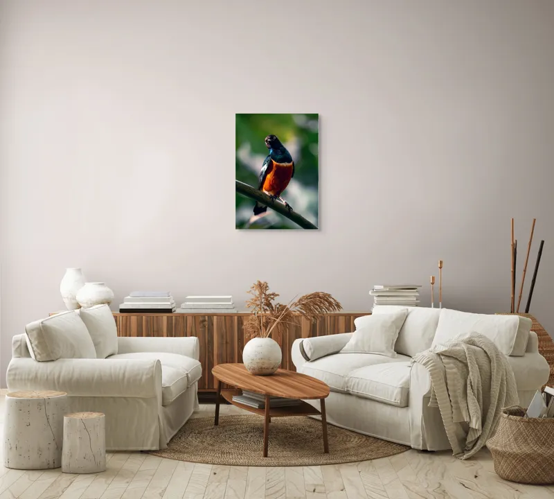 Tablou Canvas, "Pasăre exotică în lumina dimineții", Pasăre, Ramură, Pene, Portocaliu, Verde, Ochi, Natură, Fundal Blur, Poziție, Contrast, 50 x 70 cm – poza 4
