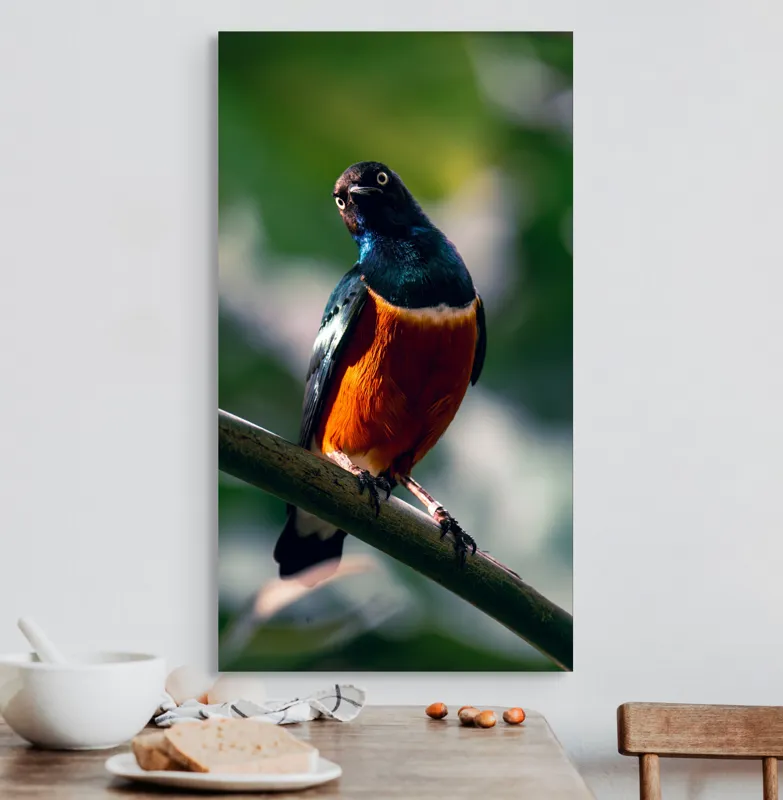 Tablou Canvas, "Pasăre exotică în lumina dimineții", Pasăre, Ramură, Pene, Portocaliu, Verde, Ochi, Natură, Fundal Blur, Poziție, Contrast, 50 x 90 cm – poza 3