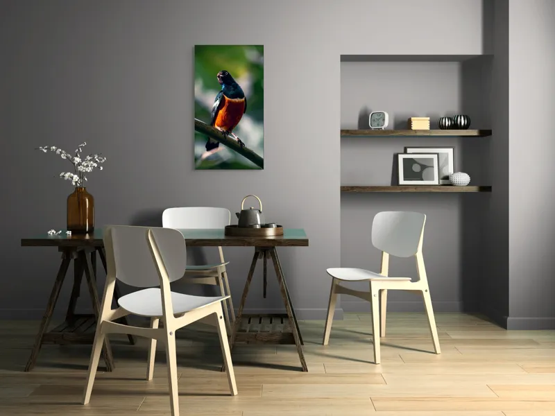 Tablou Canvas, "Pasăre exotică în lumina dimineții", Pasăre, Ramură, Pene, Portocaliu, Verde, Ochi, Natură, Fundal Blur, Poziție, Contrast, 50 x 90 cm – poza 4