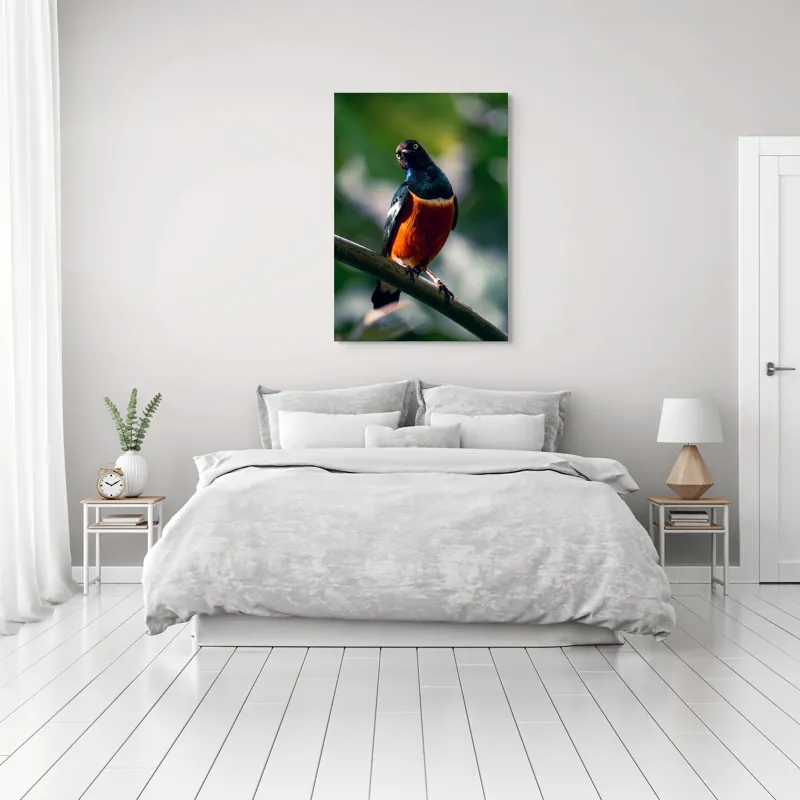 Tablou Canvas, "Pasăre exotică în lumina dimineții", Pasăre, Ramură, Pene, Portocaliu, Verde, Ochi, Natură, Fundal Blur, Poziție, Contrast, 70 x 100 cm – poza 3