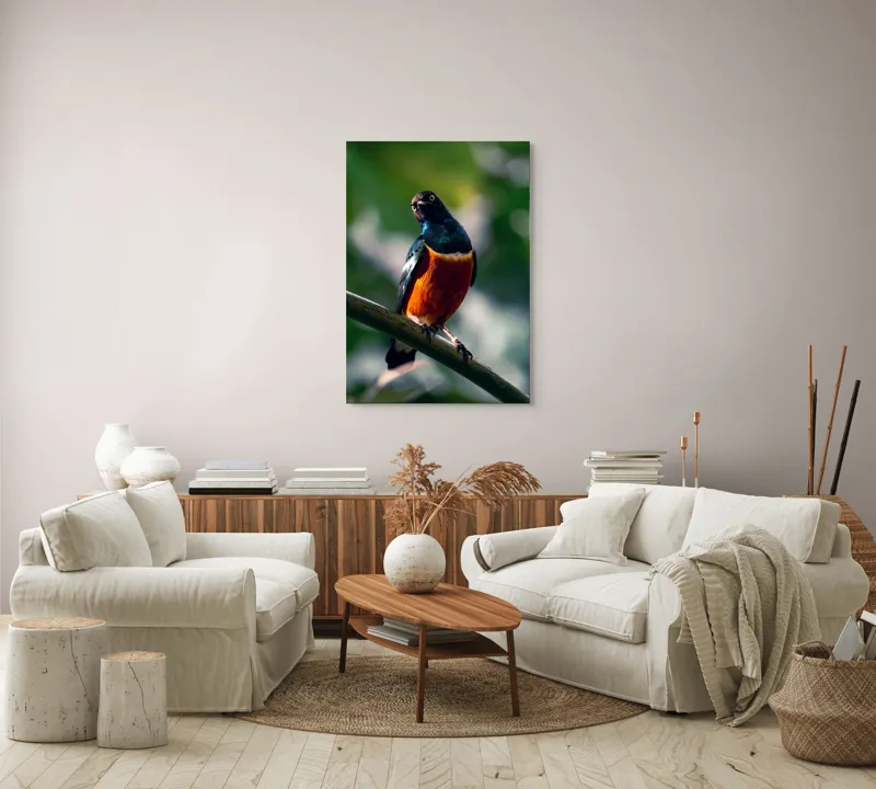 Tablou Canvas, "Pasăre exotică în lumina dimineții", Pasăre, Ramură, Pene, Portocaliu, Verde, Ochi, Natură, Fundal Blur, Poziție, Contrast, 70 x 100 cm – poza 4