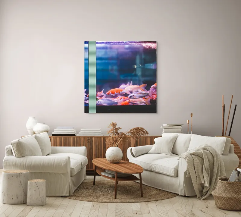 Tablou Canvas, "Dansul peștilor în acvariu colorat", Pestisori, Acvariu, Apa, Lumini, Colorat, Albastru, Portocaliu, Animale, Reflexii, Claritate, 100 x 100 cm – poza 3