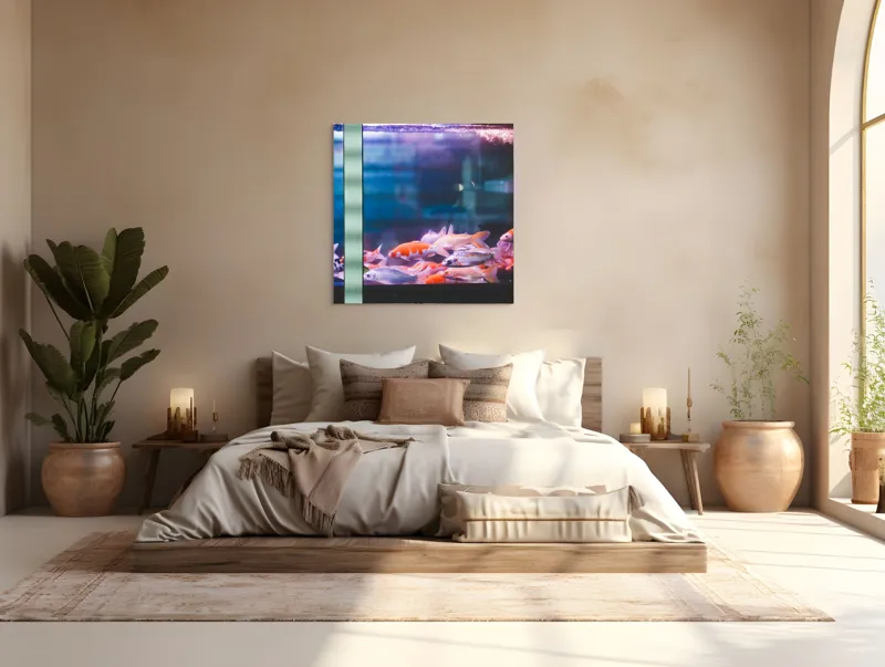 Tablou Canvas, "Dansul peștilor în acvariu colorat", Pestisori, Acvariu, Apa, Lumini, Colorat, Albastru, Portocaliu, Animale, Reflexii, Claritate, 100 x 100 cm – poza 4